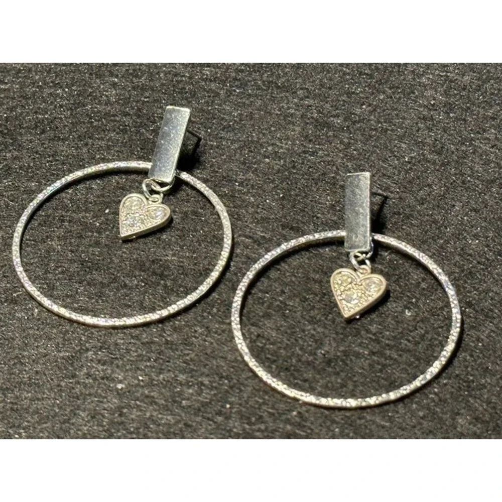 Sarah & Co Silver Tone Hoop Earrings with Rhinestone Heart Charm Dangle New